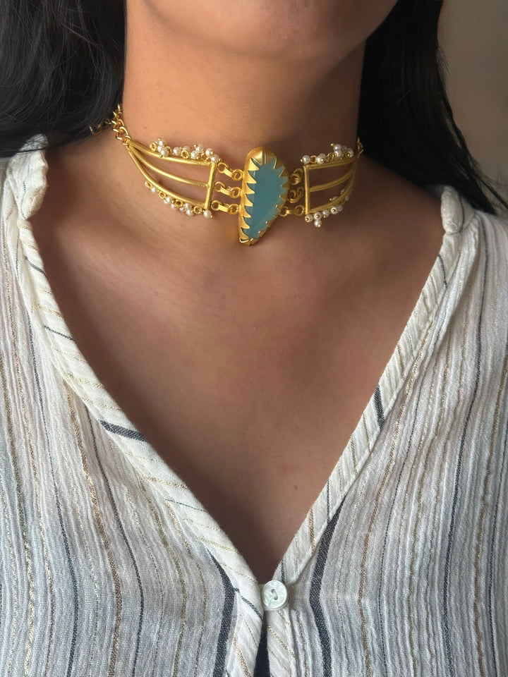 Handmade Natural Aqua Chalcedony Pearls Statement Choker | Brass Adjustable Lobster Claw Jewelry