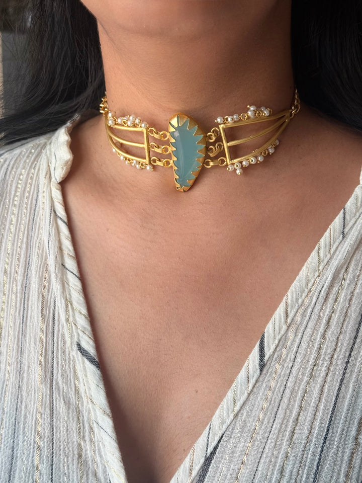 Handmade Natural Aqua Chalcedony Pearls Statement Choker | Brass Adjustable Lobster Claw Jewelry