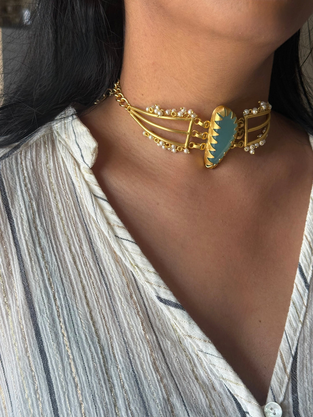 Handmade Natural Aqua Chalcedony Pearls Statement Choker | Brass Adjustable Lobster Claw Jewelry