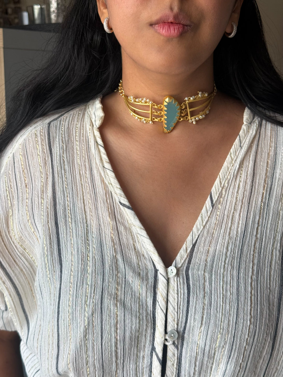 Handmade Natural Aqua Chalcedony Pearls Statement Choker | Brass Adjustable Lobster Claw Jewelry