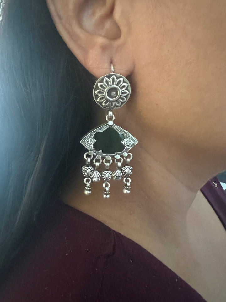 Black Glass 925 Silver Earrings | SHIVKA | Hallmarked | 6.5x3 cm | 16g Pair | Ear Wire Closure | Elegant Gift Jewelry