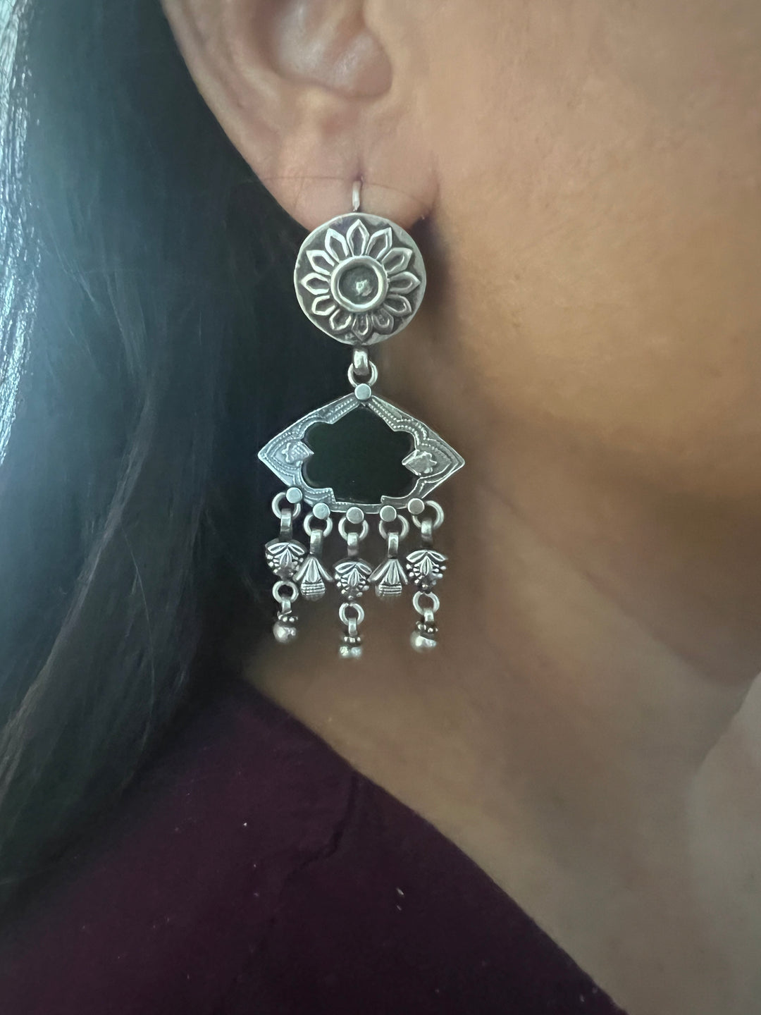 Black Glass 925 Silver Earrings | SHIVKA | Hallmarked | 6.5x3 cm | 16g Pair | Ear Wire Closure | Elegant Gift Jewelry