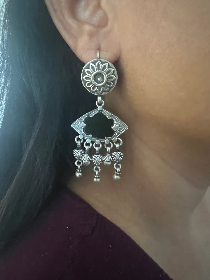 Black Glass 925 Silver Earrings | SHIVKA | Hallmarked | 6.5x3 cm | 16g Pair | Ear Wire Closure | Elegant Gift Jewelry