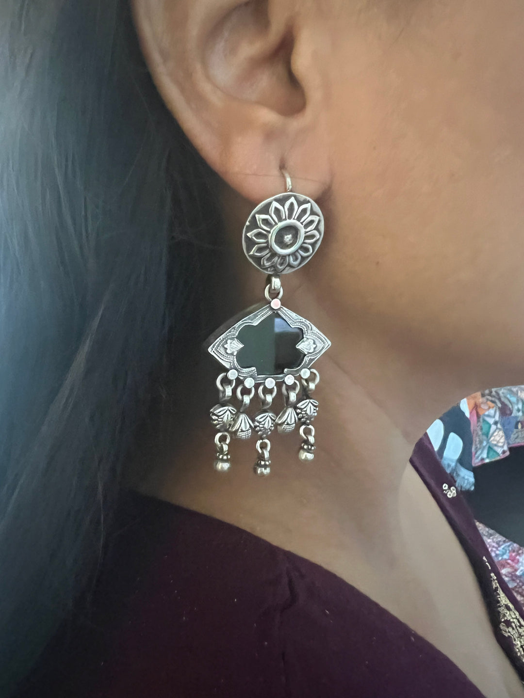 Black Glass 925 Silver Earrings | SHIVKA | Hallmarked | 6.5x3 cm | 16g Pair | Ear Wire Closure | Elegant Gift Jewelry