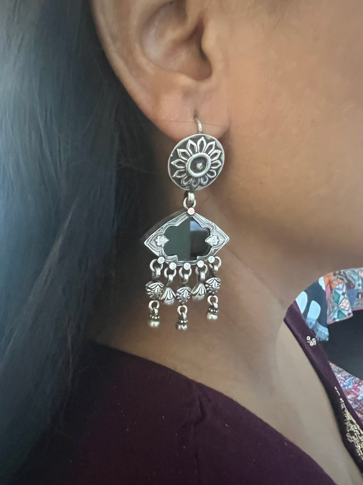 Black Glass 925 Silver Earrings | SHIVKA | Hallmarked | 6.5x3 cm | 16g Pair | Ear Wire Closure | Elegant Gift Jewelry