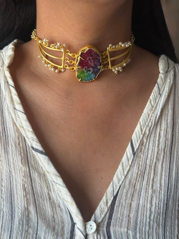Handmade Natural Rainbow Stone Statement Choker | Brass Adjustable Lobster Claw Jewelry