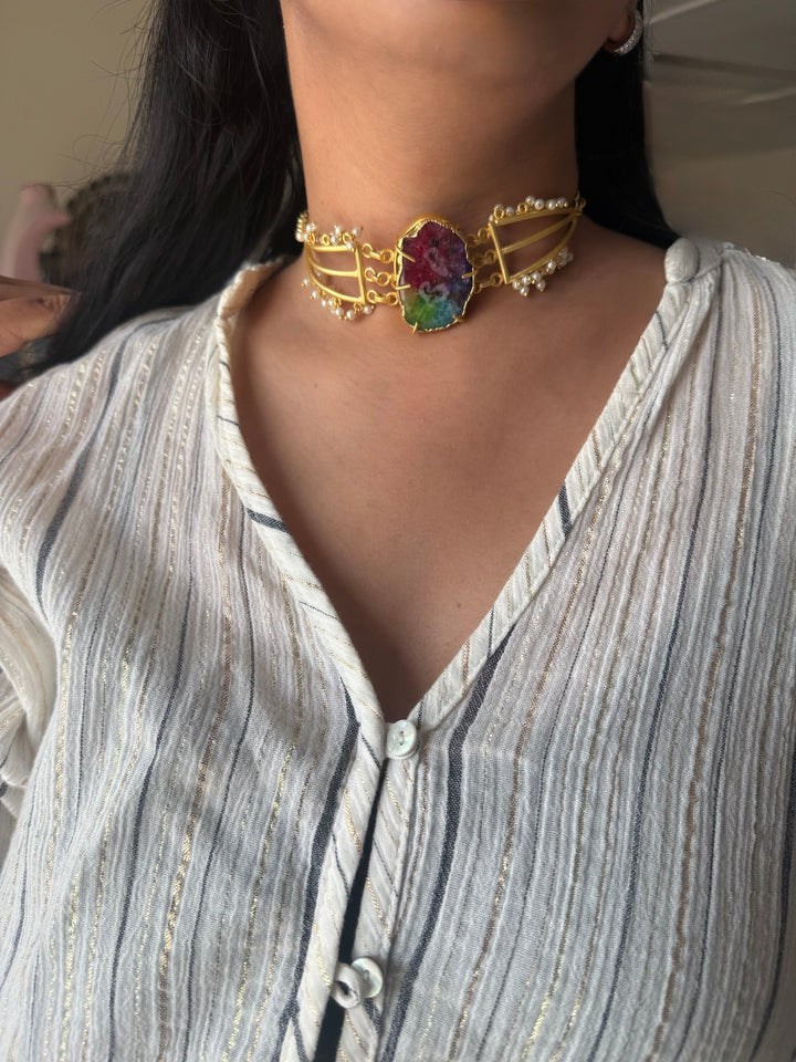 Handmade Natural Rainbow Stone Statement Choker | Brass Adjustable Lobster Claw Jewelry