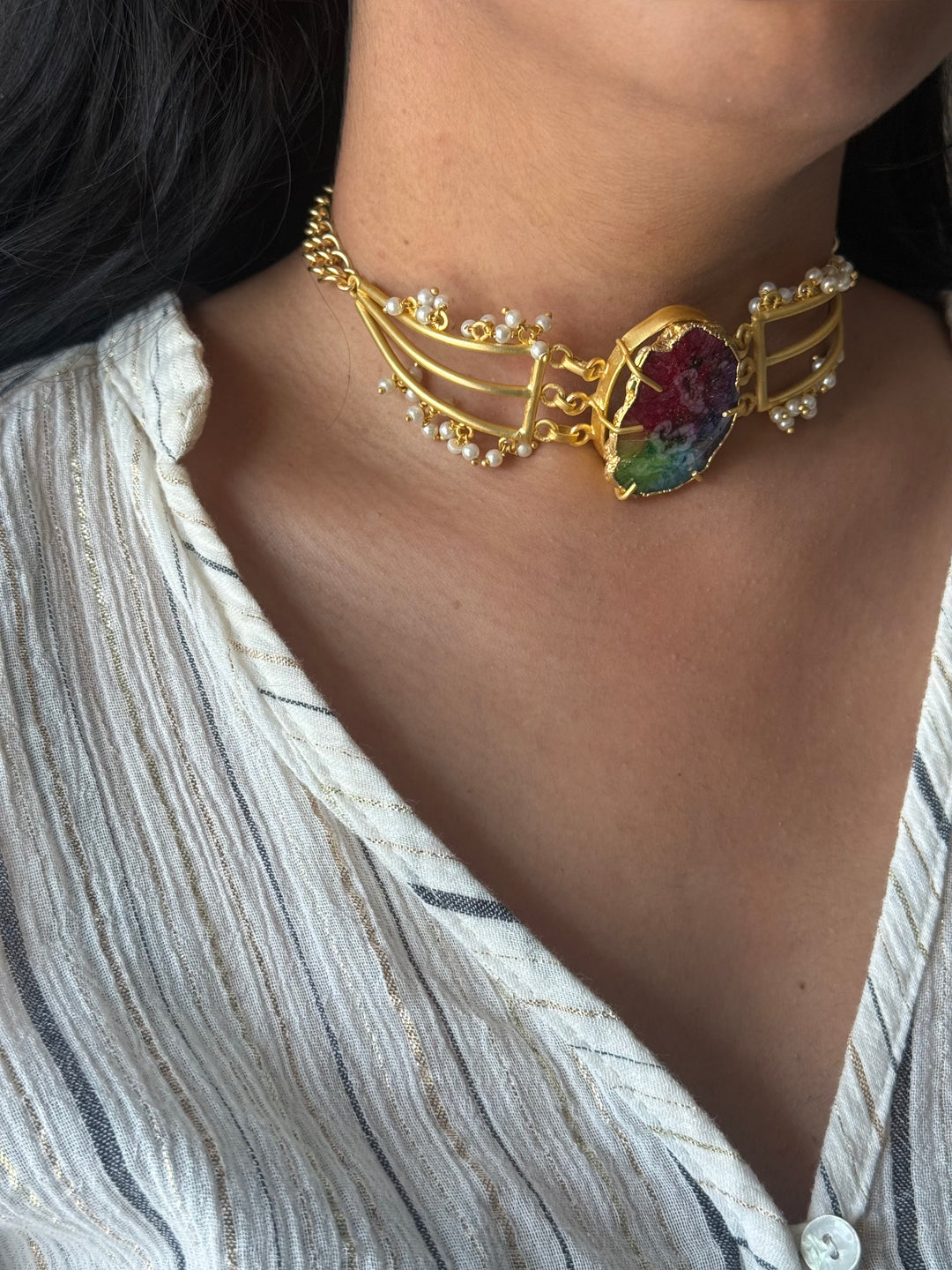 Handmade Natural Rainbow Stone Statement Choker | Brass Adjustable Lobster Claw Jewelry