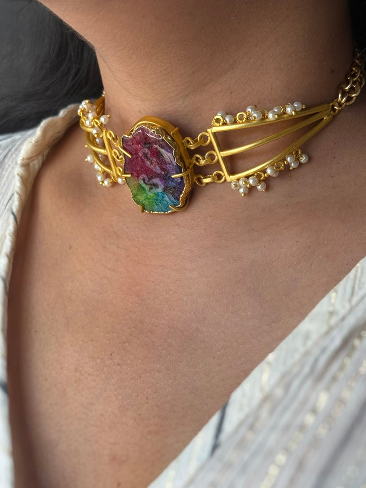 Handmade Natural Rainbow Stone Statement Choker | Brass Adjustable Lobster Claw Jewelry