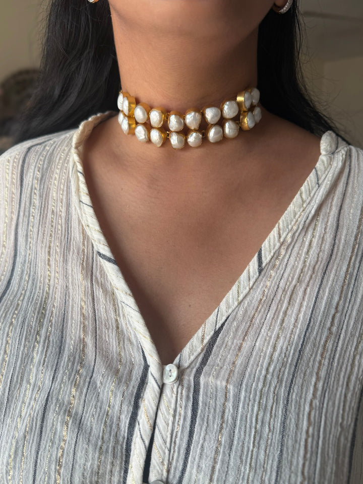 Handmade Natural Baroque Pearls Statement Choker | Brass Adjustable Lobster Claw Jewelry