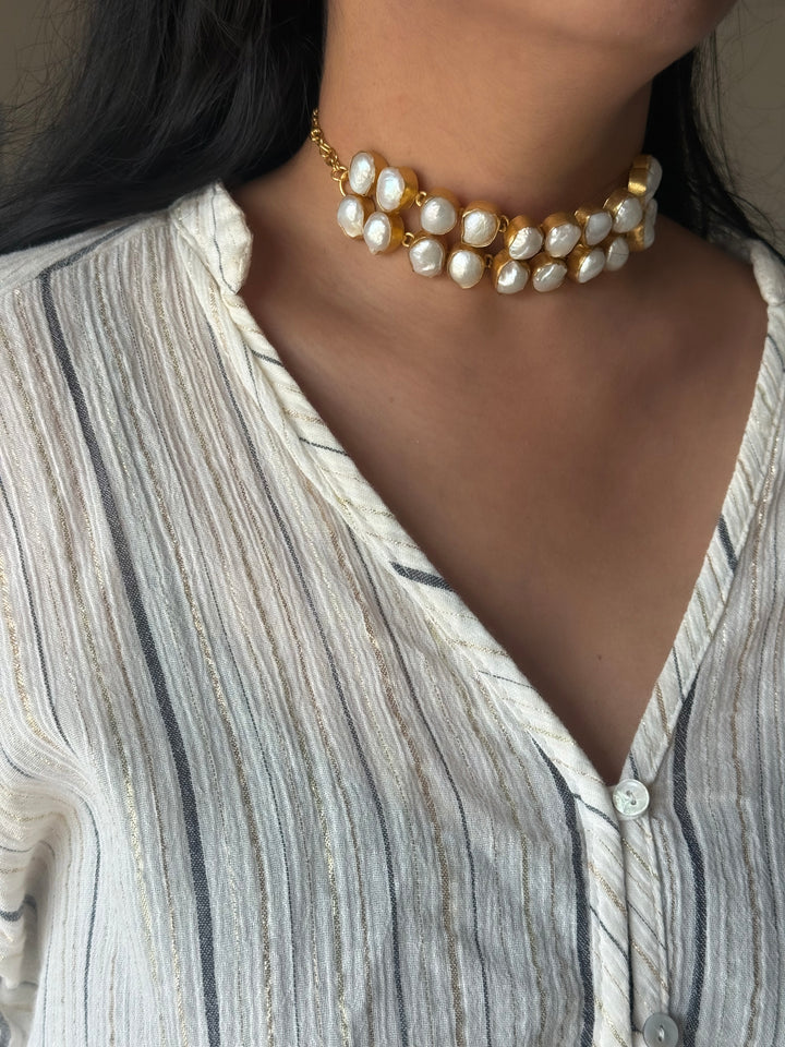 Handmade Natural Baroque Pearls Statement Choker | Brass Adjustable Lobster Claw Jewelry