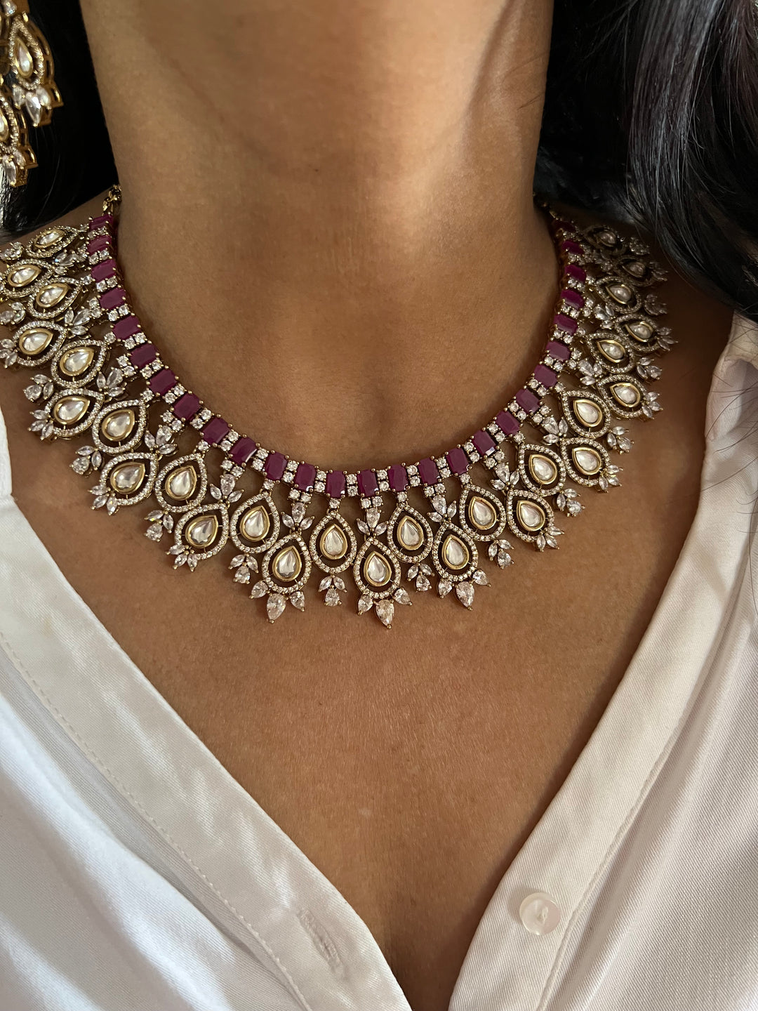 Victorian CZ Kundan Necklace with Statement Earrings