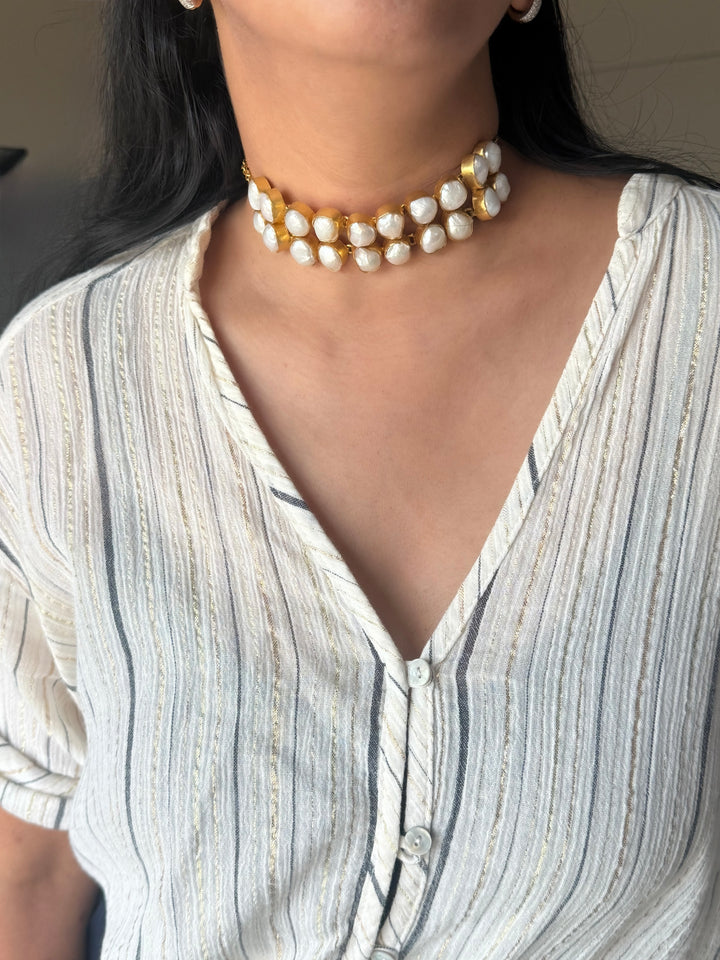 Handmade Natural Baroque Pearls Statement Choker | Brass Adjustable Lobster Claw Jewelry
