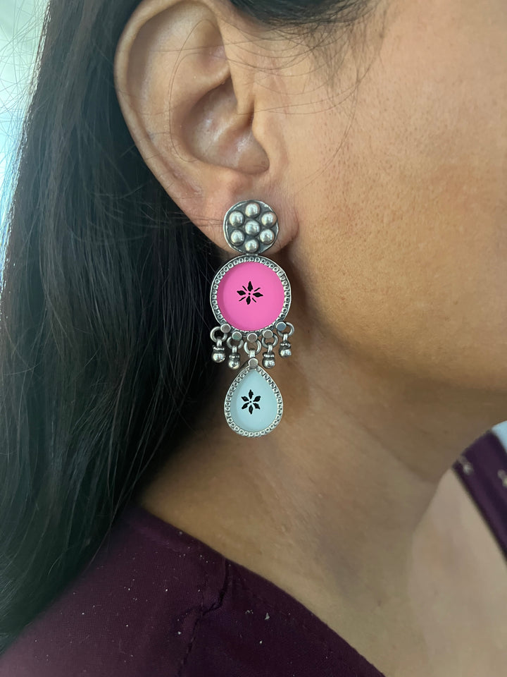 Hand Painted Glass Ghungroo 925 Silver Earrings | SHIVKA