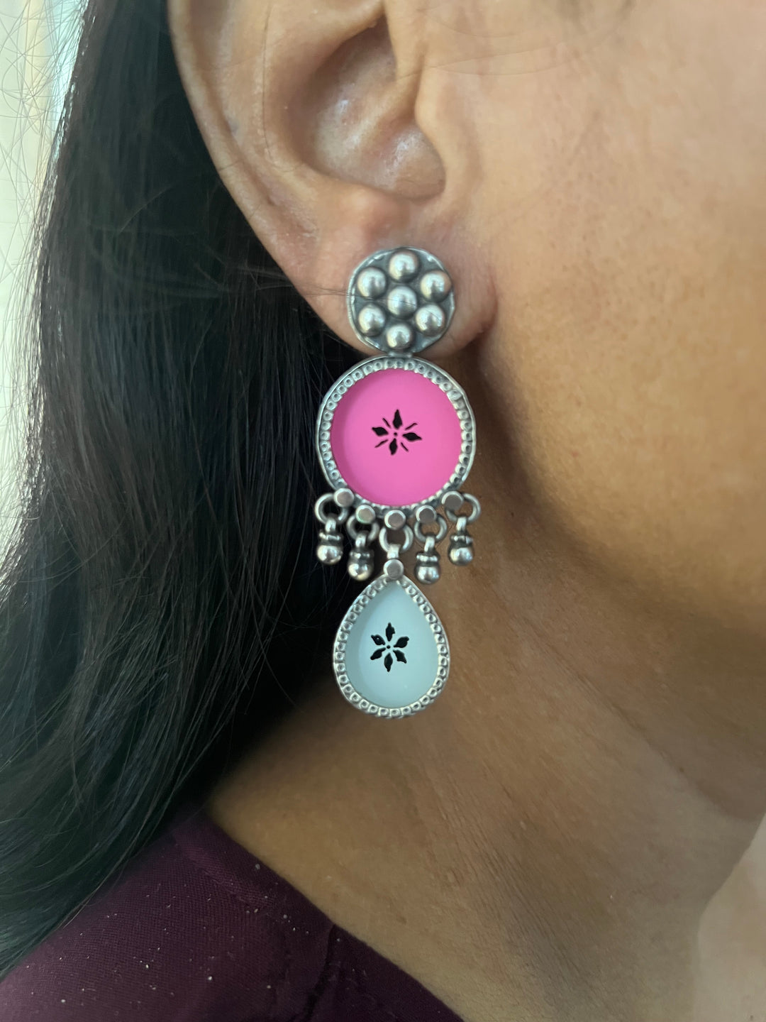 Hand Painted Glass Ghungroo 925 Silver Earrings | SHIVKA