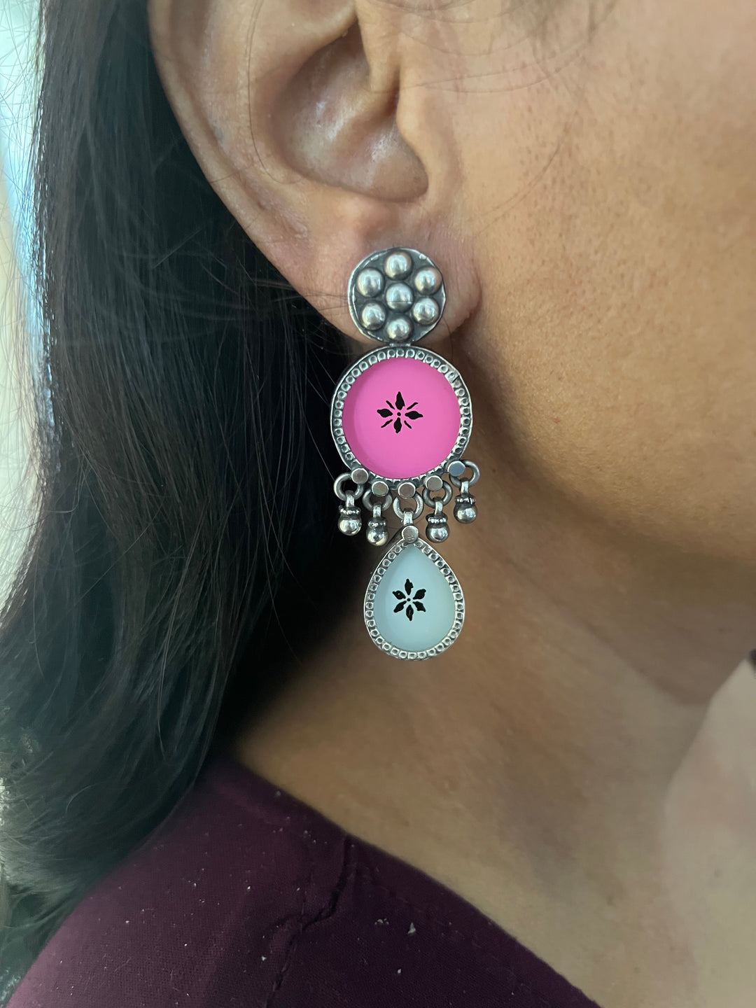 Hand Painted Glass Ghungroo 925 Silver Earrings | SHIVKA