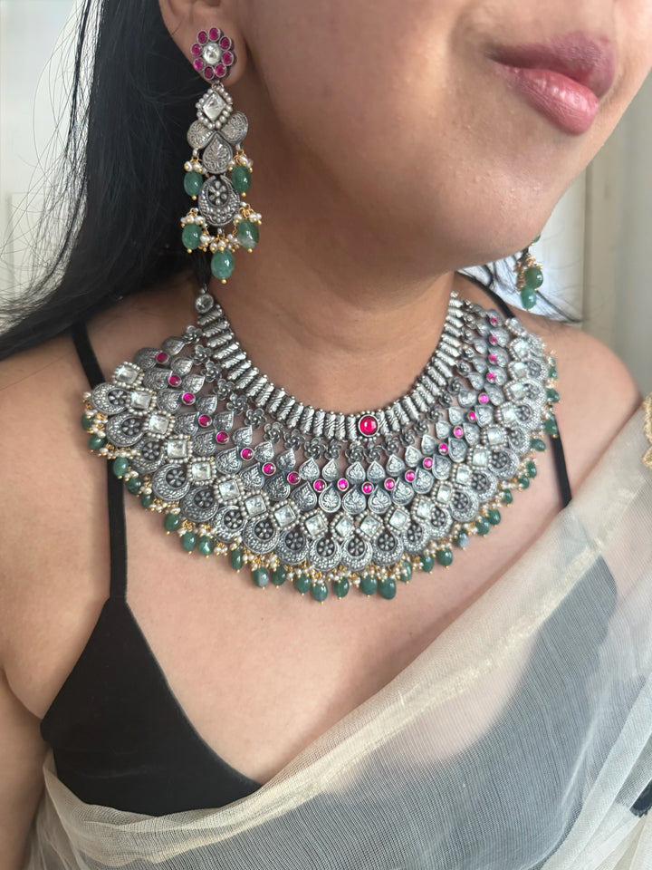 Handmade 925 Silver Pearl Green Beads Necklace Set | SHIVKA