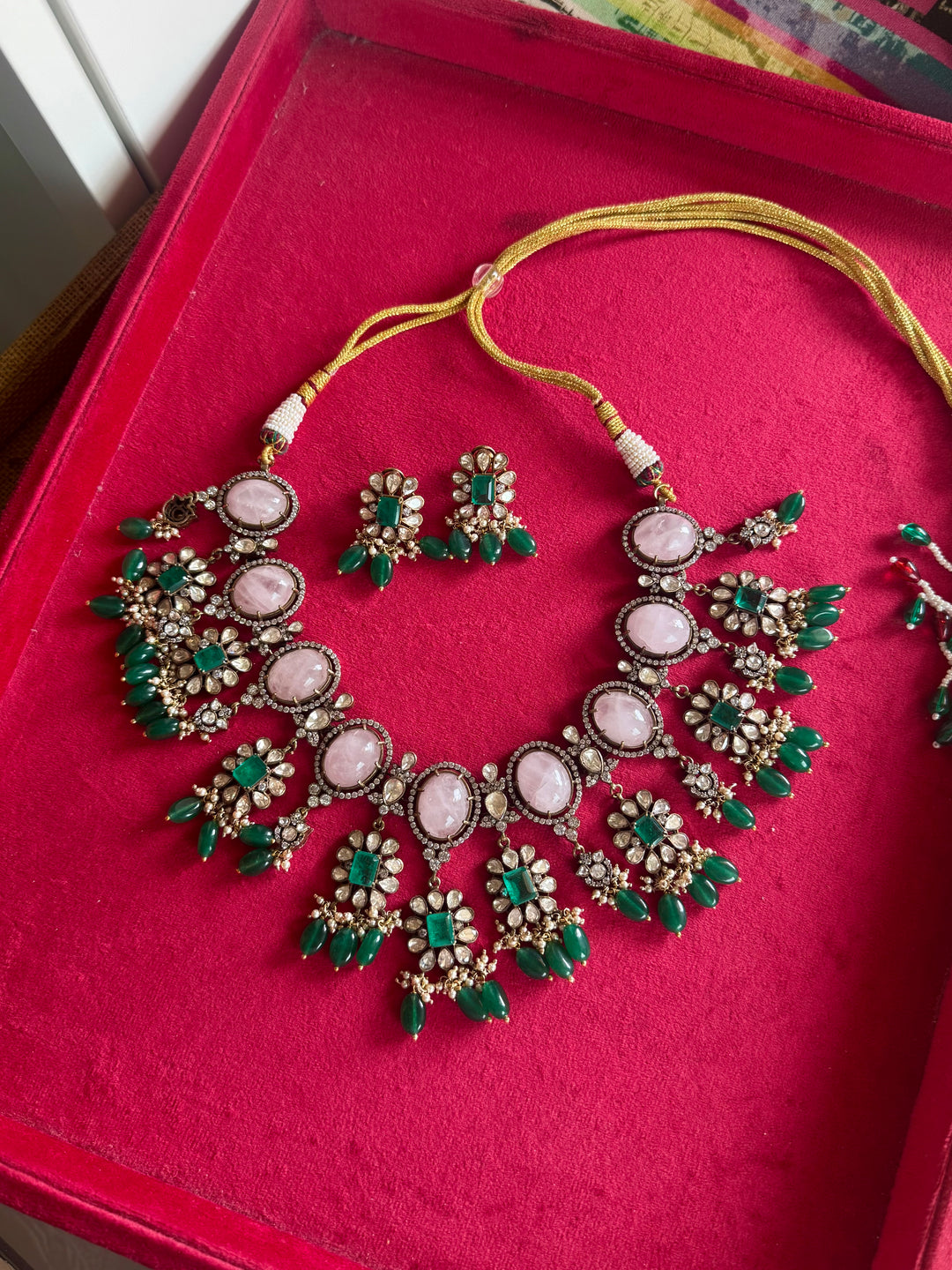 Handmade 925 Silver Polki Kundan Necklace Set | Rose Quartz & Emerald | SHIVKA