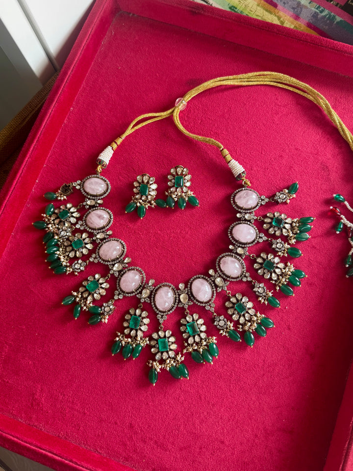 Handmade 925 Silver Polki Kundan Necklace Set | Rose Quartz & Emerald | SHIVKA
