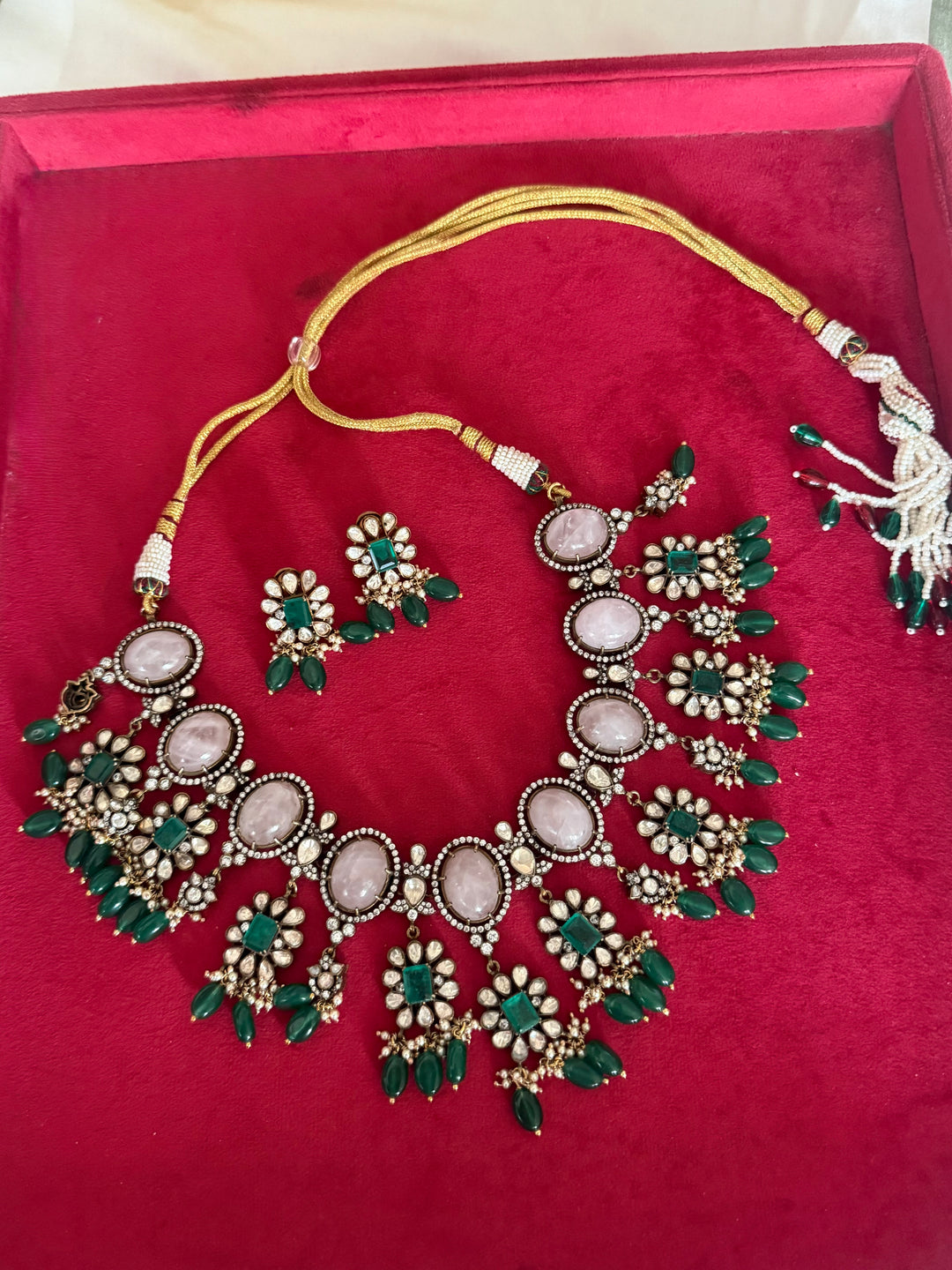 Handmade 925 Silver Polki Kundan Necklace Set | Rose Quartz & Emerald | SHIVKA
