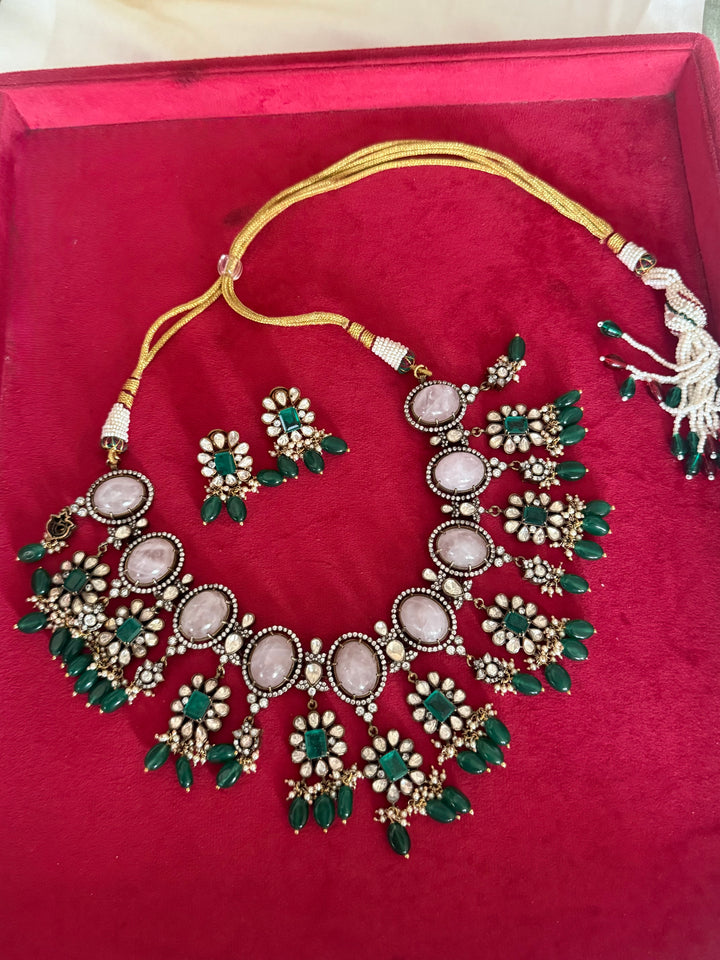 Handmade 925 Silver Polki Kundan Necklace Set | Rose Quartz & Emerald | SHIVKA