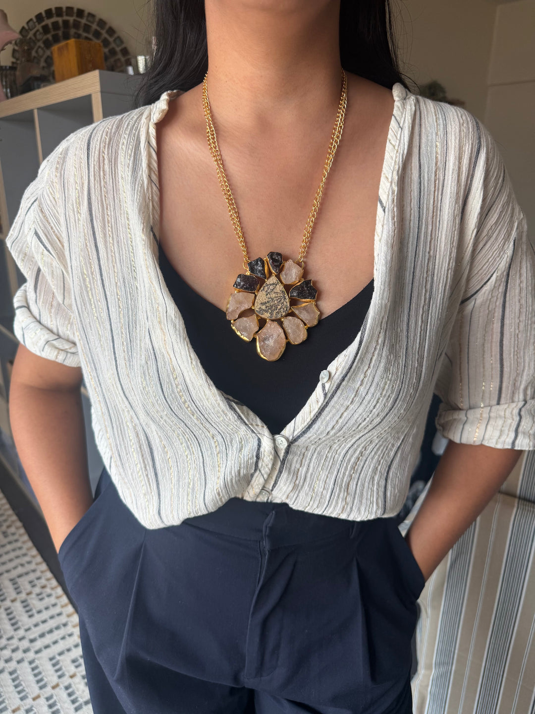 Handmade Rose Quartz Statement Necklace | Brass Adjustable Lobster Claw Jewelry