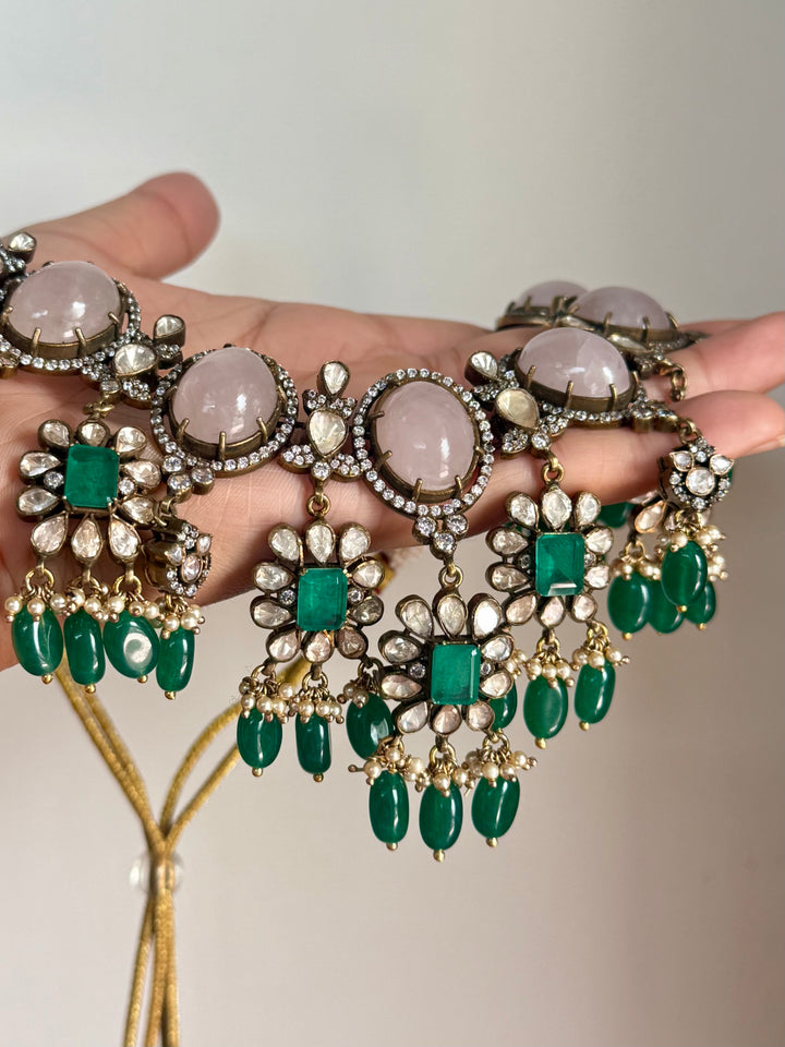 Handmade 925 Silver Polki Kundan Necklace Set | Rose Quartz & Emerald | SHIVKA