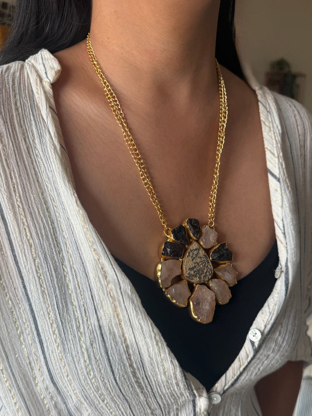Handmade Rose Quartz Statement Necklace | Brass Adjustable Lobster Claw Jewelry
