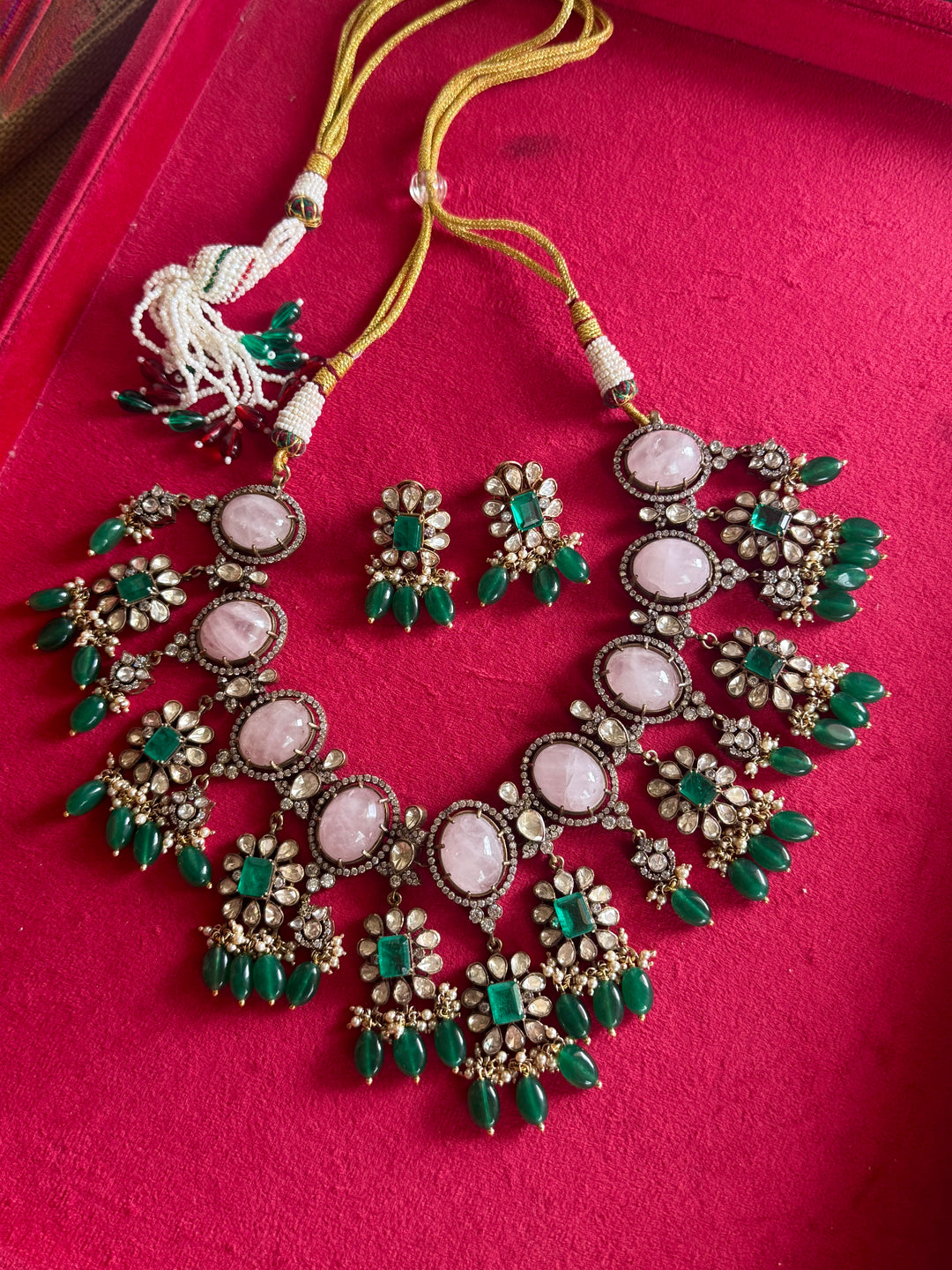 Handmade 925 Silver Polki Kundan Necklace Set | Rose Quartz & Emerald | SHIVKA