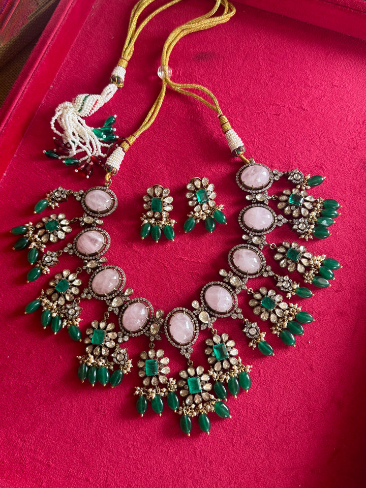 Handmade 925 Silver Polki Kundan Necklace Set | Rose Quartz & Emerald | SHIVKA