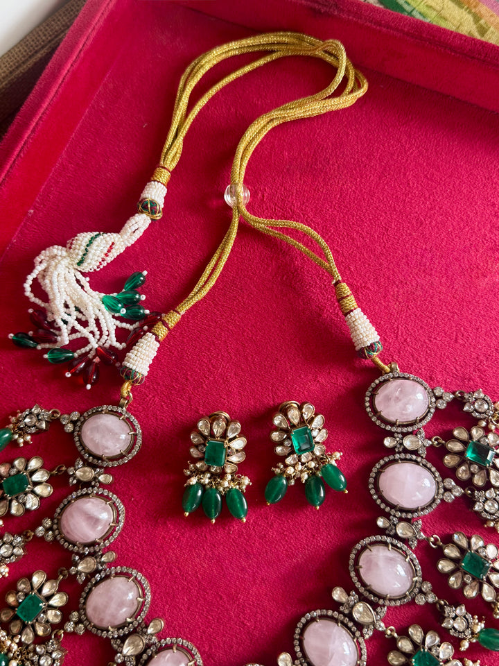 Handmade 925 Silver Polki Kundan Necklace Set | Rose Quartz & Emerald | SHIVKA