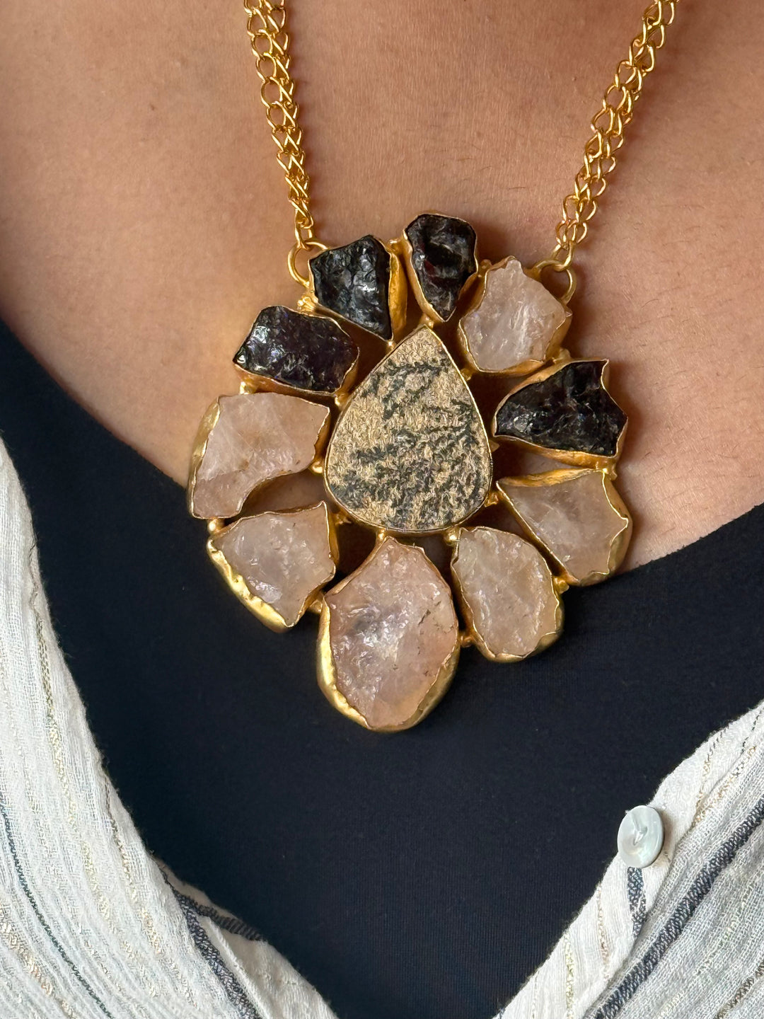 Handmade Rose Quartz Statement Necklace | Brass Adjustable Lobster Claw Jewelry