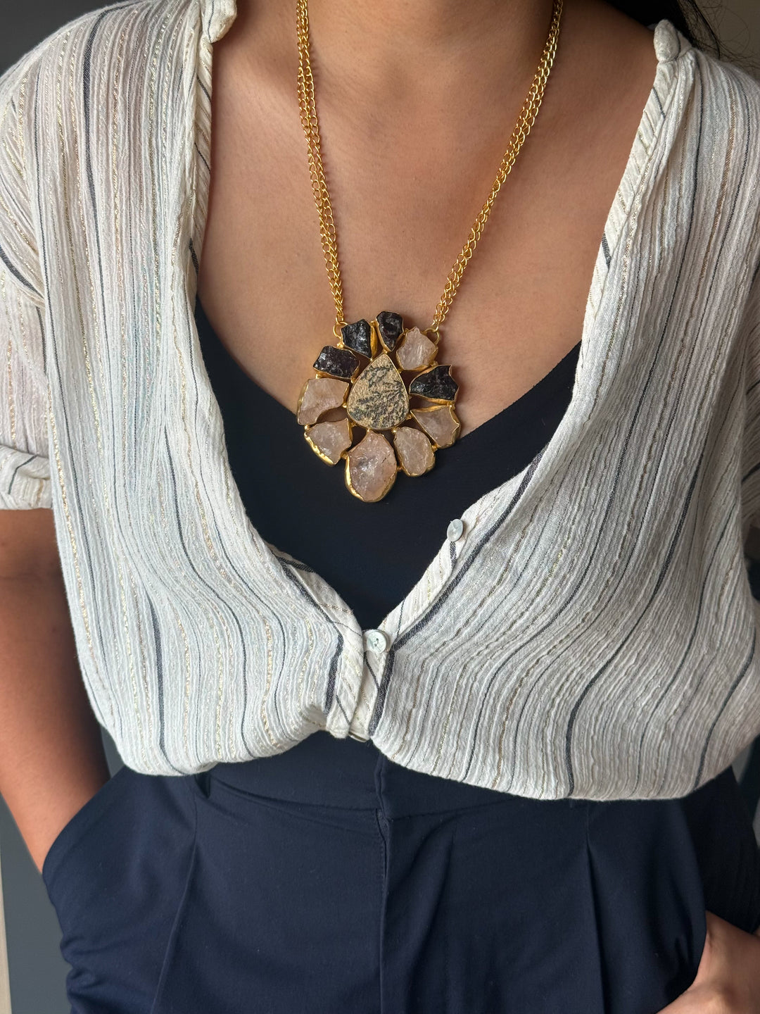 Handmade Rose Quartz Statement Necklace | Brass Adjustable Lobster Claw Jewelry