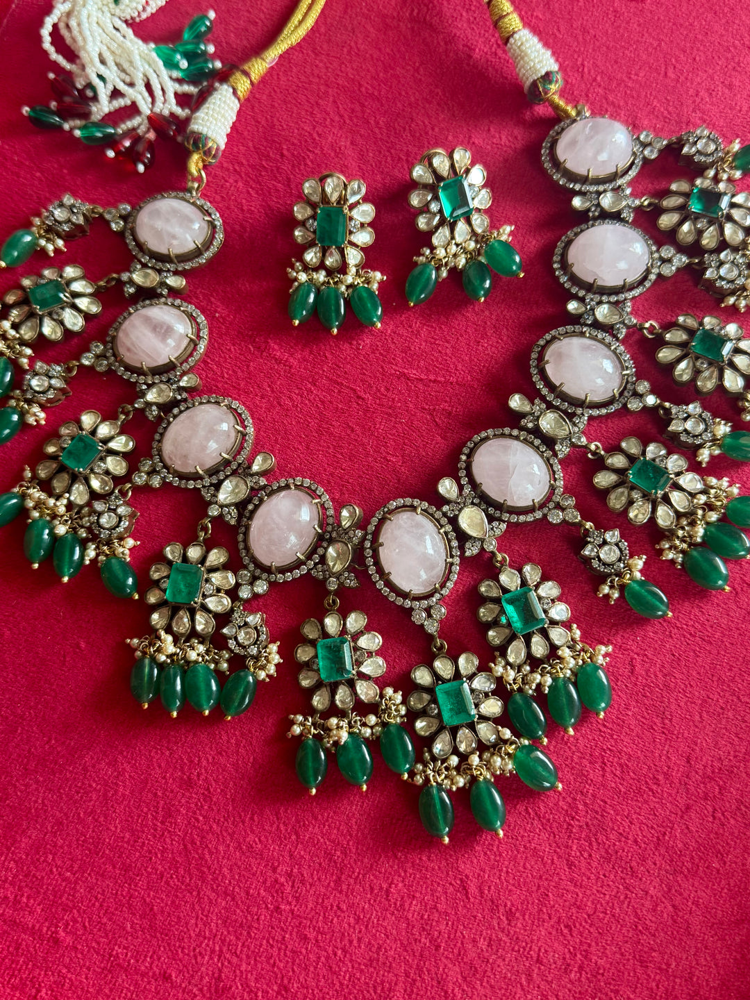 Handmade 925 Silver Polki Kundan Necklace Set | Rose Quartz & Emerald | SHIVKA
