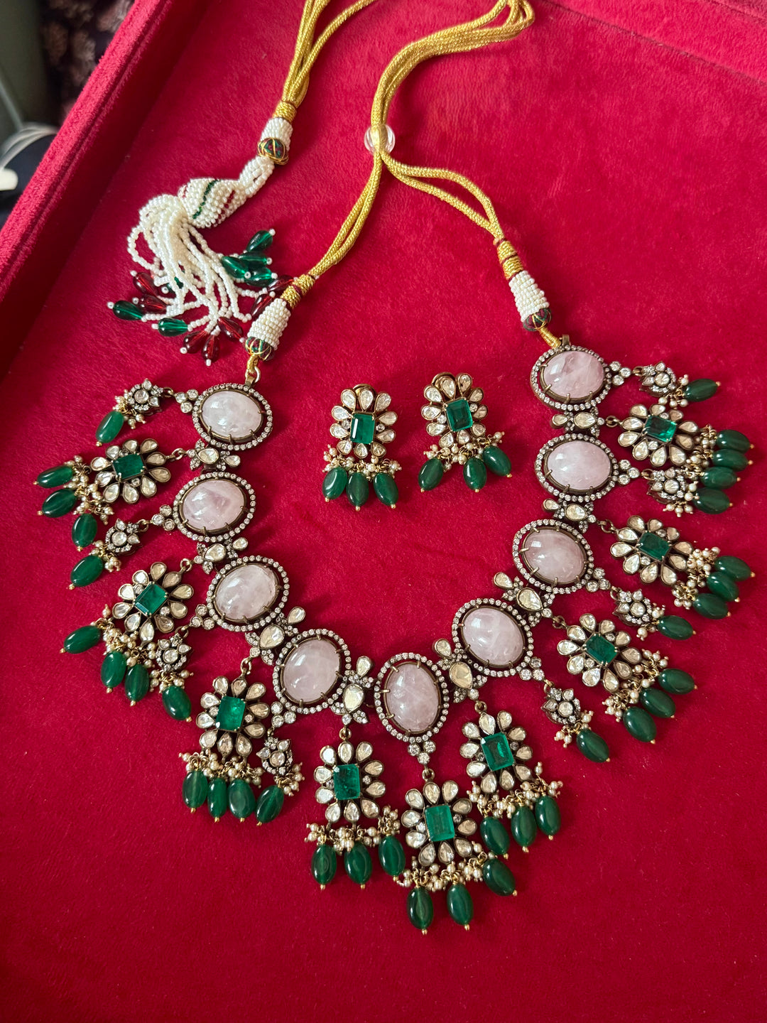 Handmade 925 Silver Polki Kundan Necklace Set | Rose Quartz & Emerald | SHIVKA