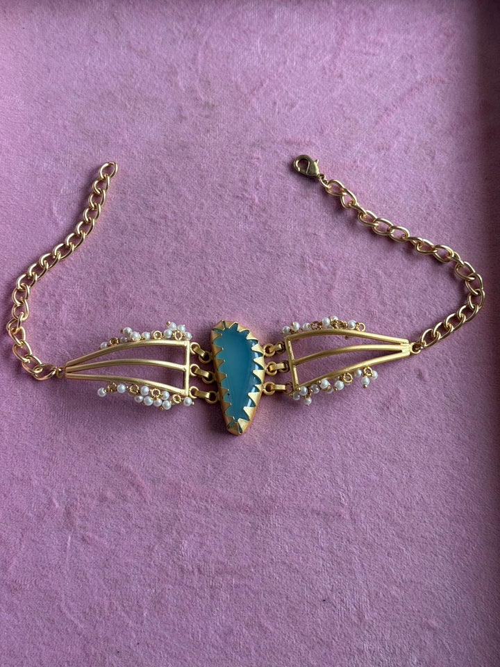Handmade Natural Aqua Chalcedony Pearls Statement Choker | Brass Adjustable Lobster Claw Jewelry