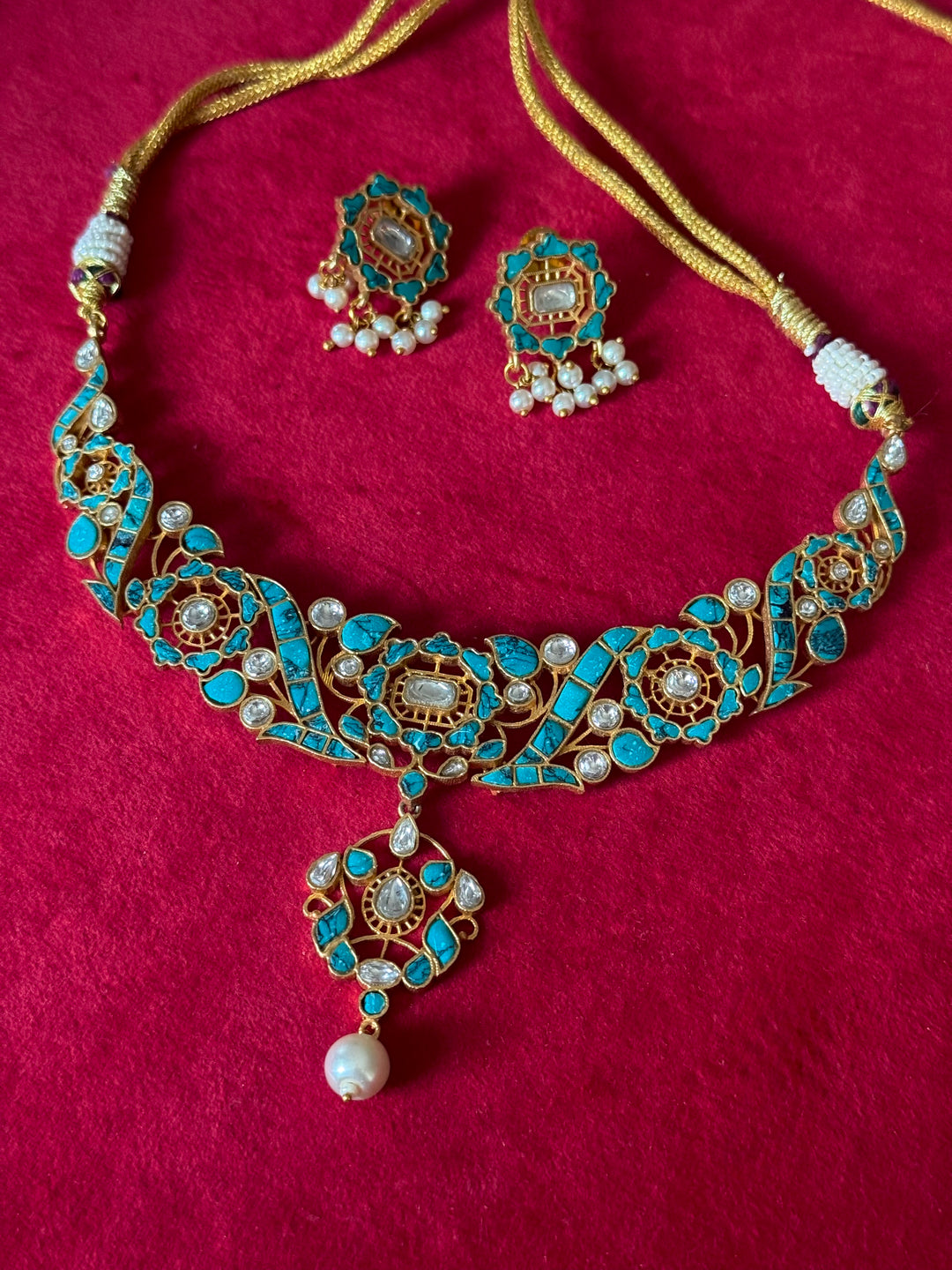 Handmade Jadau Turquoise Necklace Set | Brass Gold Polish | SHIVKA