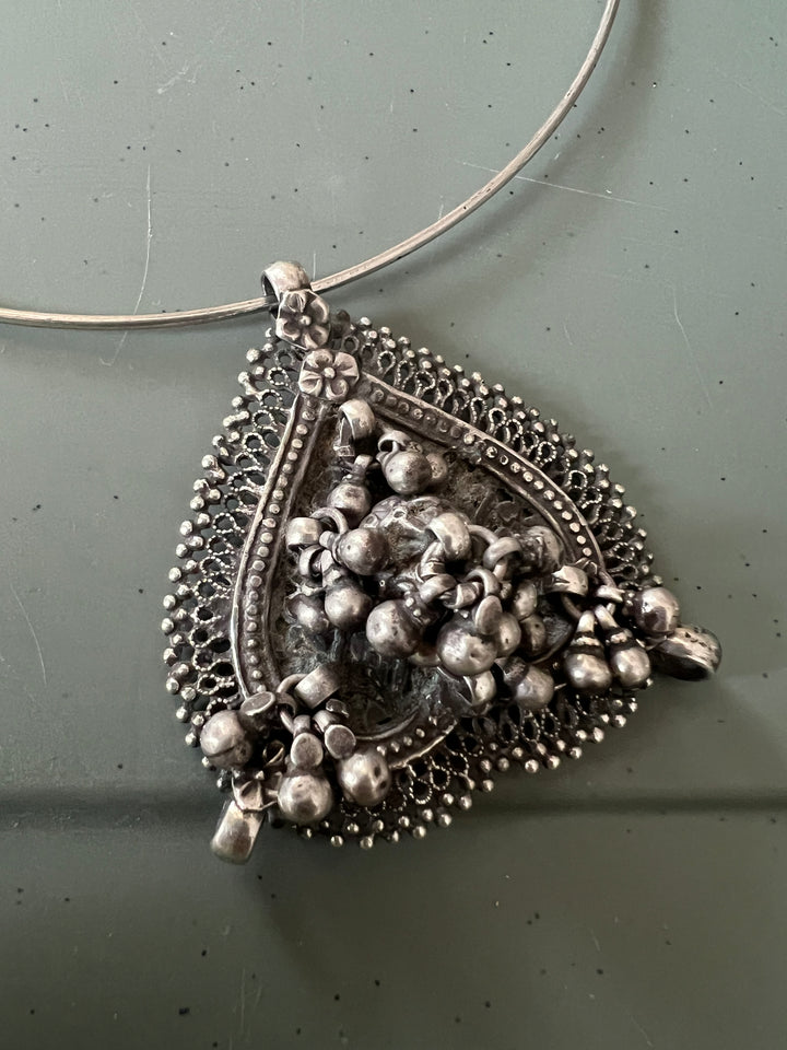 Antique Tribal 925 Silver Hasli Ghungroo Necklace | SHIVKA | 55g | Detachable Pendant 2.5x2.5 in | Handmade Statement Jewelry