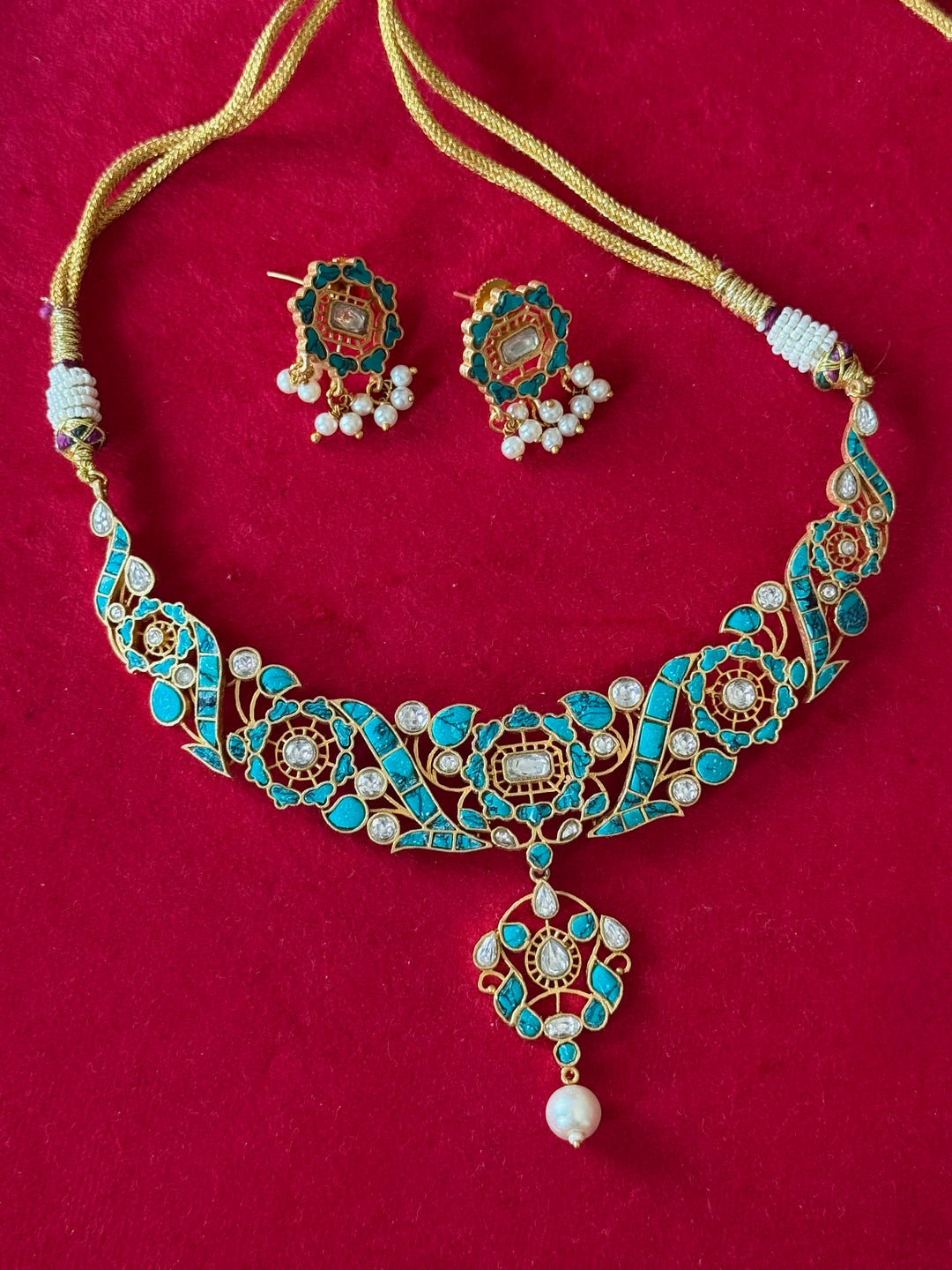 Handmade Jadau Turquoise Necklace Set | Brass Gold Polish | SHIVKA