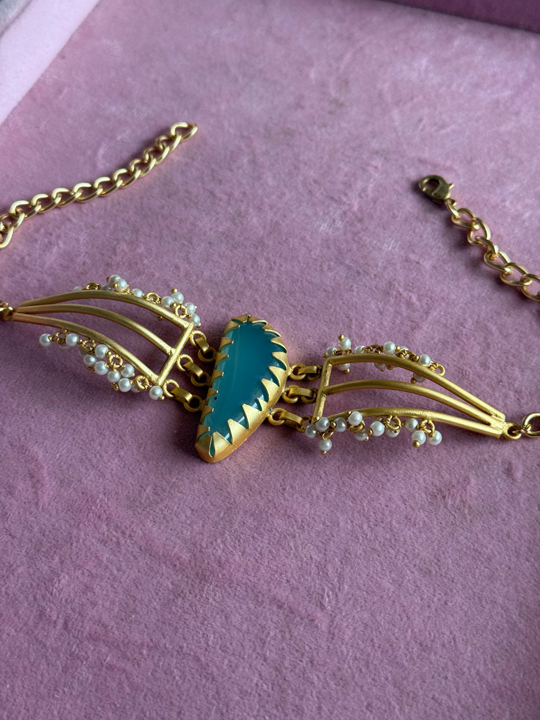 Handmade Natural Aqua Chalcedony Pearls Statement Choker | Brass Adjustable Lobster Claw Jewelry