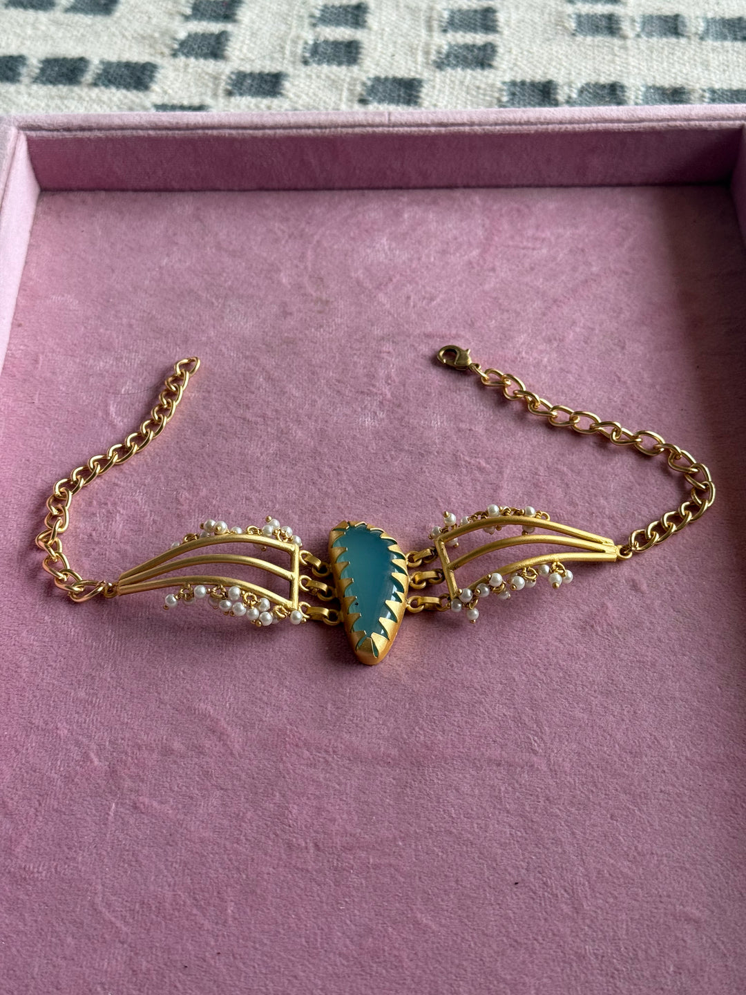 Handmade Natural Aqua Chalcedony Pearls Statement Choker | Brass Adjustable Lobster Claw Jewelry