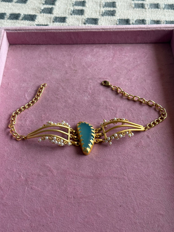 Handmade Natural Aqua Chalcedony Pearls Statement Choker | Brass Adjustable Lobster Claw Jewelry