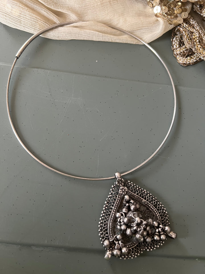 Antique Tribal 925 Silver Hasli Ghungroo Necklace | SHIVKA | 55g | Detachable Pendant 2.5x2.5 in | Handmade Statement Jewelry