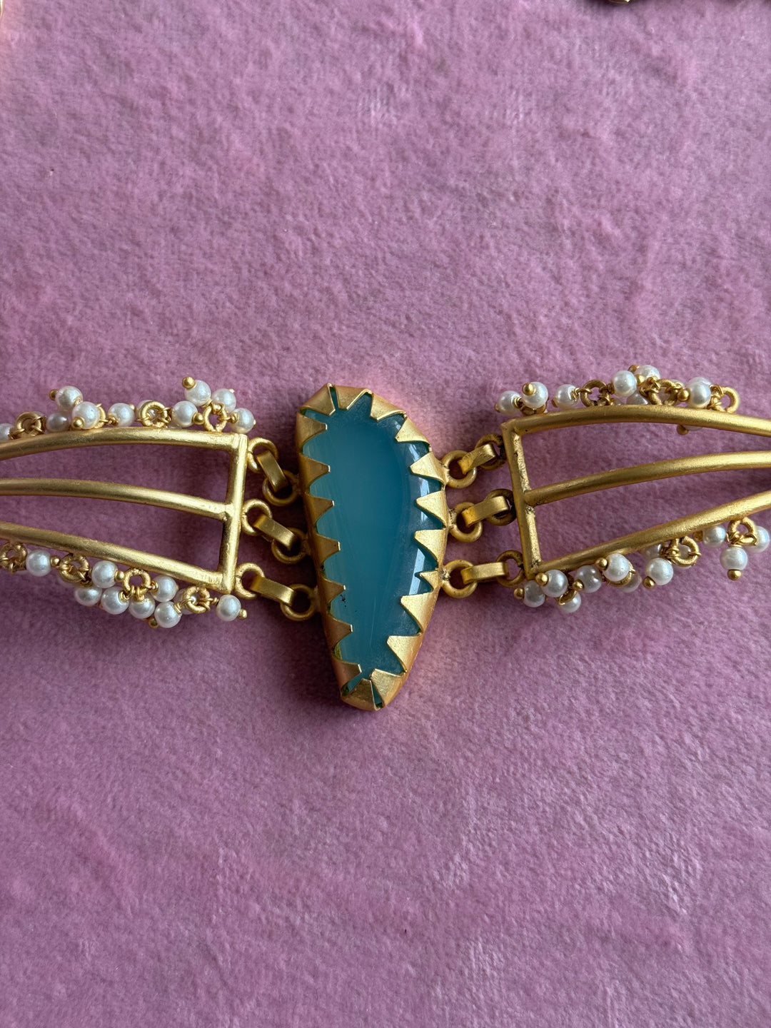 Handmade Natural Aqua Chalcedony Pearls Statement Choker | Brass Adjustable Lobster Claw Jewelry