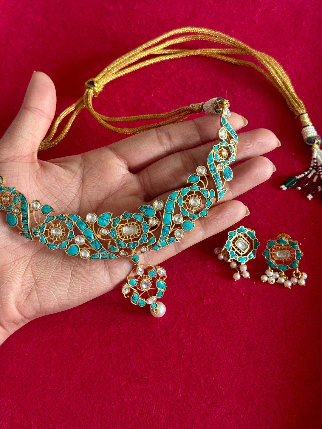 Handmade Jadau Turquoise Necklace Set | Brass Gold Polish | SHIVKA