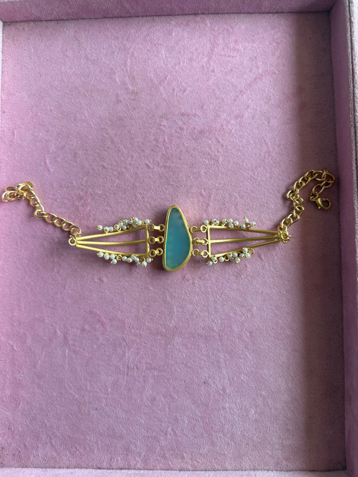 Handmade Natural Aqua Chalcedony Pearls Statement Choker | Brass Adjustable Lobster Claw Jewelry