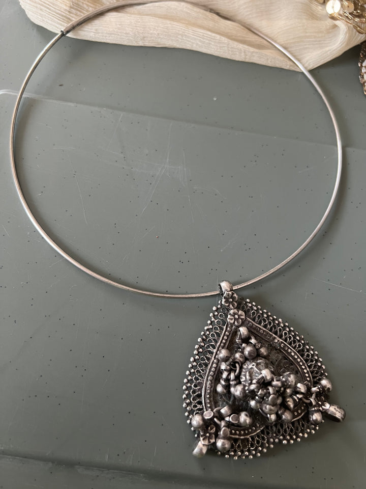 Antique Tribal 925 Silver Hasli Ghungroo Necklace | SHIVKA | 55g | Detachable Pendant 2.5x2.5 in | Handmade Statement Jewelry