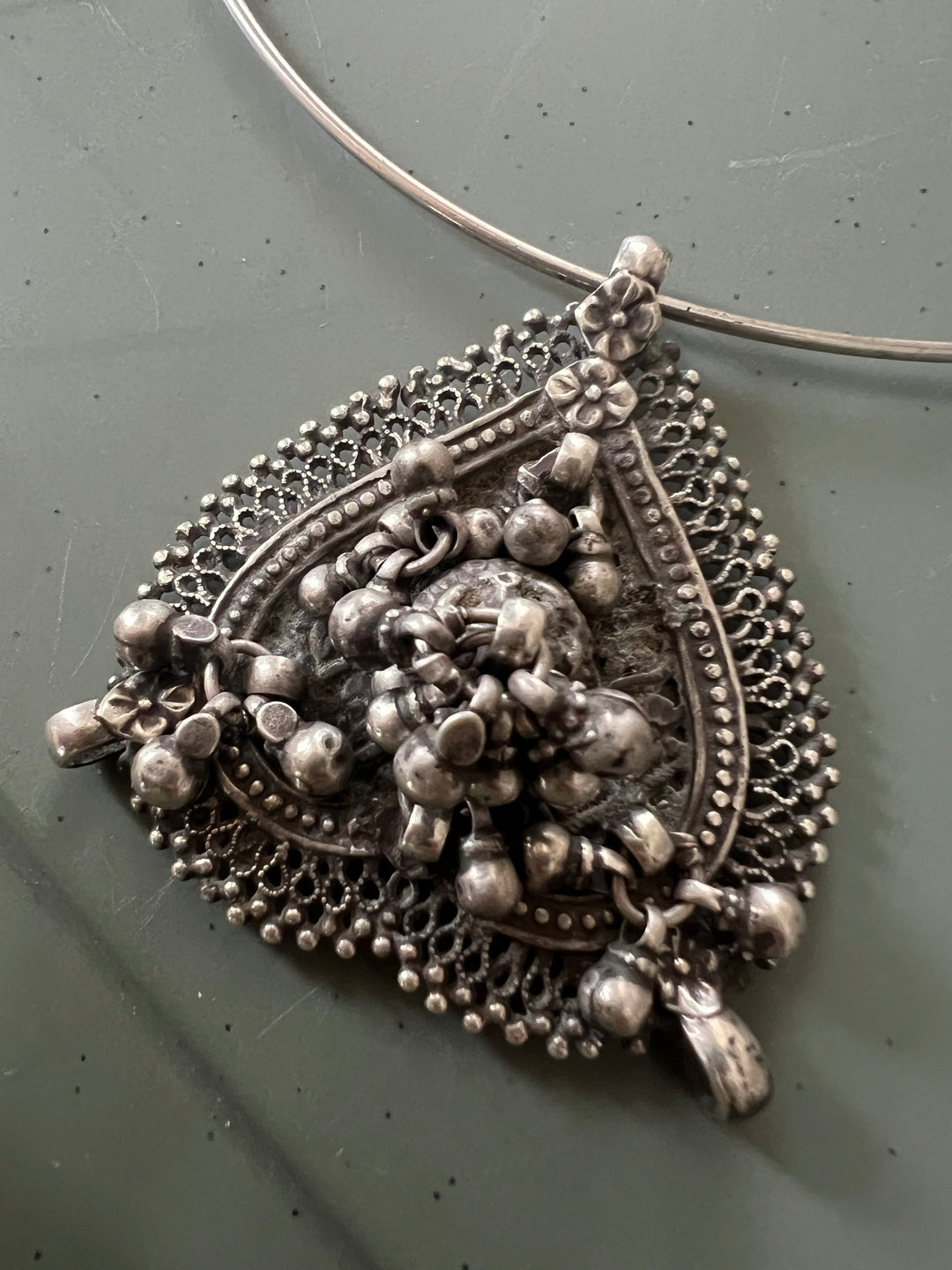 Antique Tribal 925 Silver Hasli Ghungroo Necklace | SHIVKA | 55g | Detachable Pendant 2.5x2.5 in | Handmade Statement Jewelry