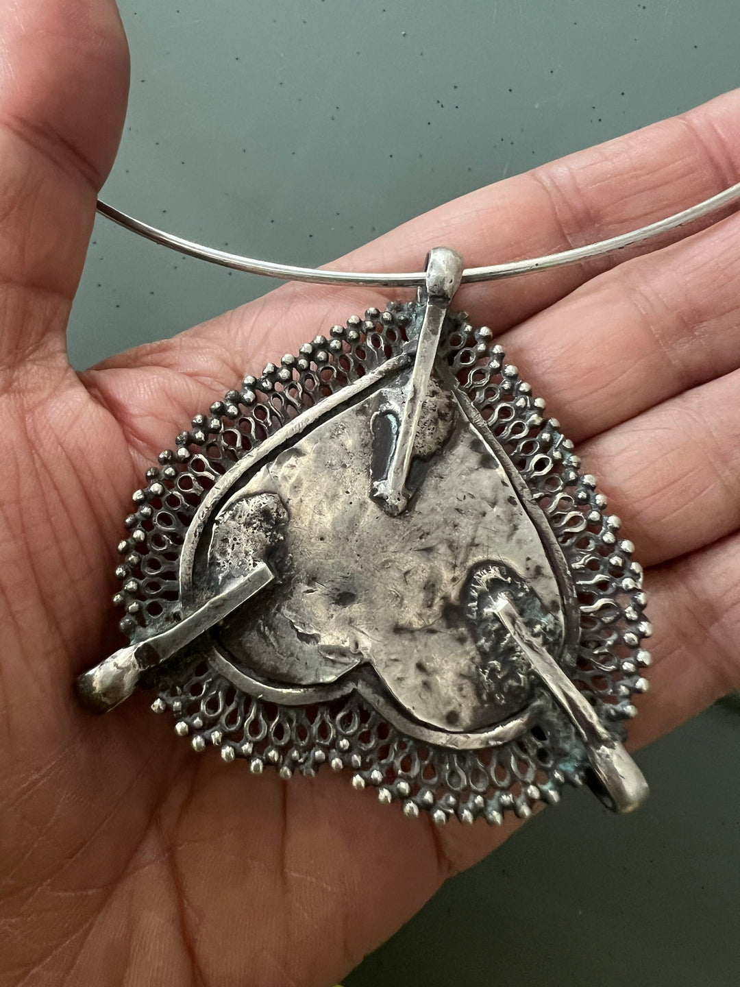 Antique Tribal 925 Silver Hasli Ghungroo Necklace | SHIVKA | 55g | Detachable Pendant 2.5x2.5 in | Handmade Statement Jewelry