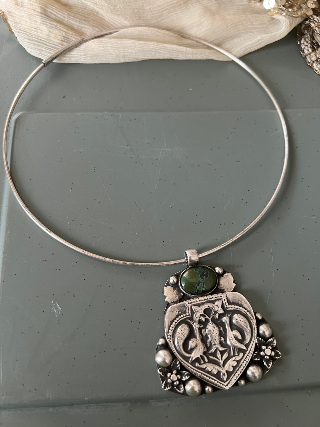 Antique Tribal 925 Silver Hasli Necklace | SHIVKA | 46g | Detachable Pendant 2.5x2 in | Natural Stone | Handmade Statement Jewelry